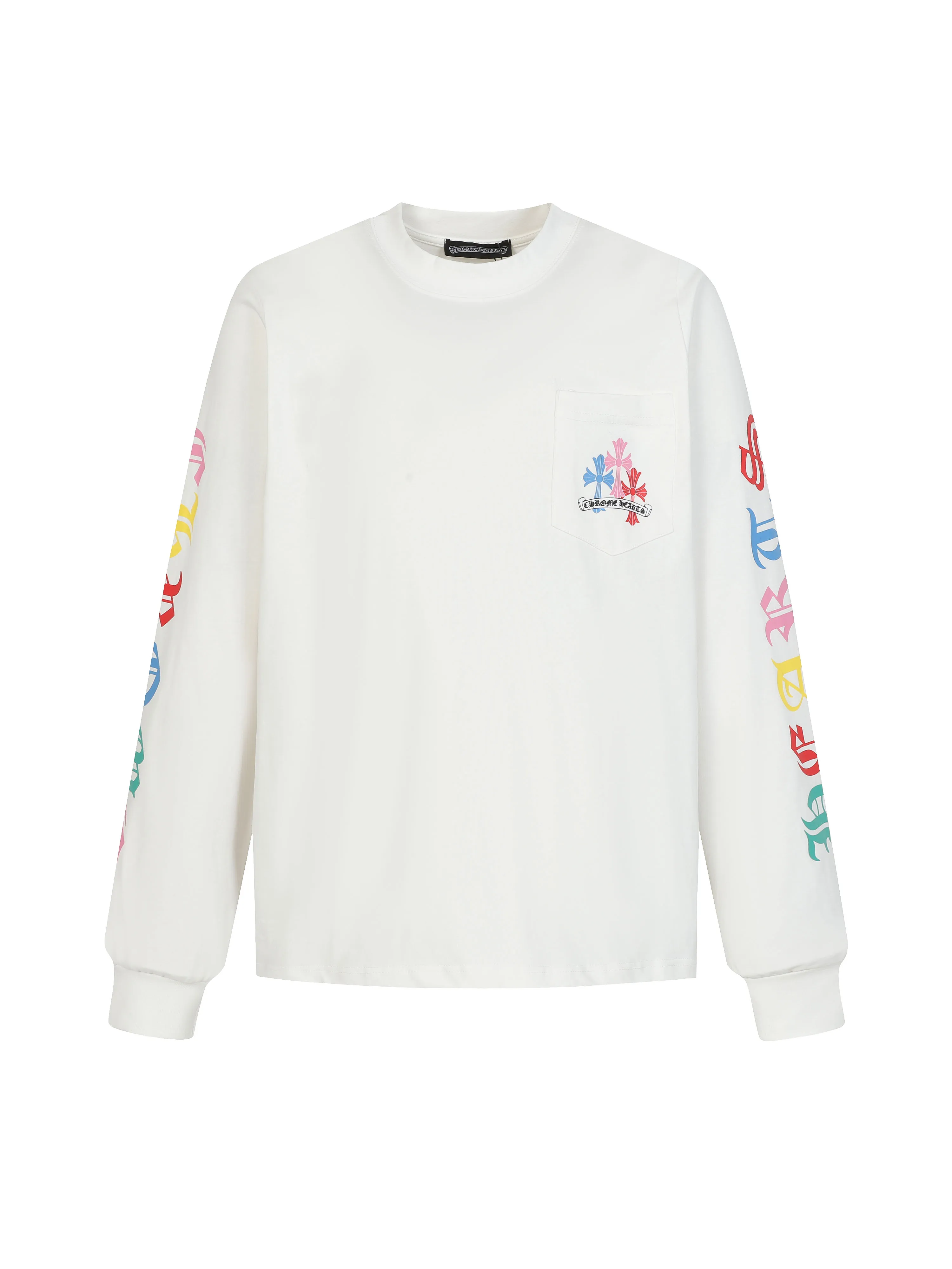 🅿️260 Come Hearts/Cro Hearts Colorful Cross Sanskrit Printed Long Sleeves, great for autumn and winter! Chest pockets, high weight threads on collar and cuffs, custom woven and dyed 280g double yarn pure cotton fabric, washed anti-counterfeiting tags and other auxiliary labels are all correct versions, super conspicuous, super good-looking, super atmospheric, same style for men and women! The overall upper body highlights fashion and individuality, and it is a recommended T-shirt for couples to wear together!! Color: black/white Size: XS-L